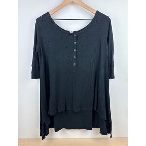 Free People Black Distressed Open Knit High Low Tunic Shirt Womens Small‎